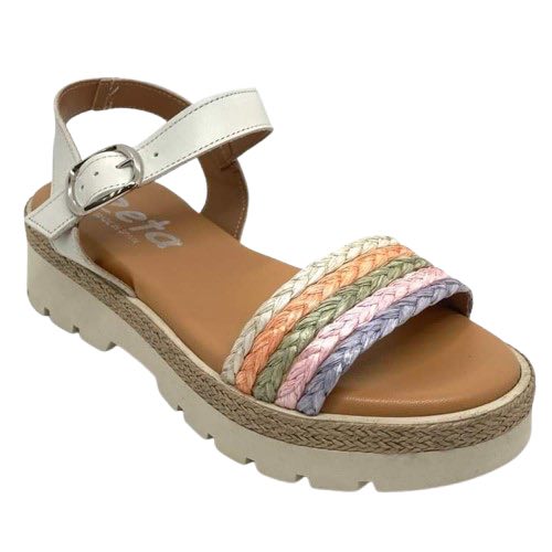 Made in Spain by Zeta these are a comfortable little wedged sandal with a cream leather Y back, chunky cream sole and plaited raffia in multiple pastel colours across the front of the foot.