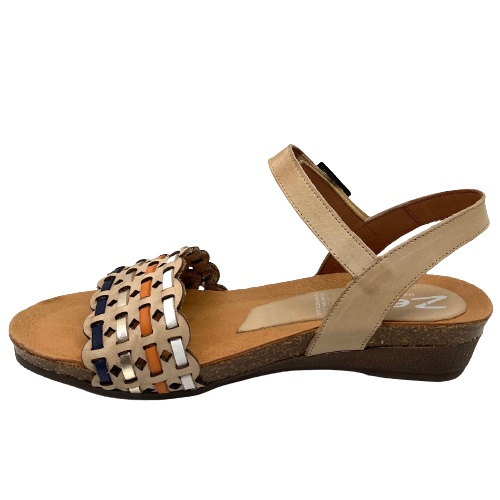 Made in Spain by Zeta these sandals have tried and proven sole and footbed and a well fitted soft leather upper with good foot coverage. The Y back is always supportive. The multi coloured weave leather adds interest. A great easy-to-wear summer wardrobe addition.