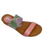 This pretty pastel multi slide has a contoured footbed and suede lining. The strap across the instep is elasticized with patches of leather for comfort on the highest of arches. The cushioned sole means this little slide is bound to become a summer favourite. Made in Spain.