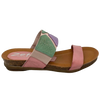 This pretty pastel multi slide has a contoured footbed and suede lining. The strap across the instep is elasticized with patches of leather for comfort on the highest of arches. The cushioned sole means this little slide is bound to become a summer favourite. Made in Spain.