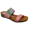 This pretty pastel multi slide has a contoured footbed and suede lining. The strap across the instep is elasticized with patches of leather for comfort on the highest of arches. The cushioned sole means this little slide is bound to become a summer favourite. Made in Spain.