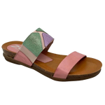 This pretty pastel multi slide has a contoured footbed and suede lining. The strap across the instep is elasticized with patches of leather for comfort on the highest of arches. The cushioned sole means this little slide is bound to become a summer favourite. Made in Spain.