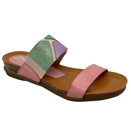 This pretty pastel multi slide has a contoured footbed and suede lining. The strap across the instep is elasticized with patches of leather for comfort on the highest of arches. The cushioned sole means this little slide is bound to become a summer favourite. Made in Spain.