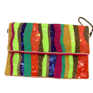 A bright stiped combination of bronze, orange, lime, fuchsia and purple sequins and beads with a fuchsia canvas back, flap over front and a brass chain strap. This little clutch measures 25cm x 17xm.