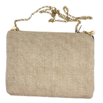 This natural linen coloured canvas clutch/crossbody bag has "eyes" beaded on the front in multi pastel colours, a plain canvas back, zip entry and a slim gold chain strap. Measurements are 25cm x 19cm.