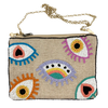 This natural linen coloured canvas clutch/crossbody bag has "eyes" beaded on the front in multi pastel colours, a plain canvas back, zip entry and a slim gold chain strap. Measurements are 25cm x 19cm.