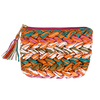 Measuring 23cm x 16cm this cute little clutch of multi coloured plaited raffia has a plain canvas back and zip entry finished with a raffia tassel.
