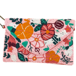 Beaded in pink-coral-orange and hints of green this little enveloped shaped clutch has a brass chain strap, rust coloured canvas back and measures 25cm x 17cm.
