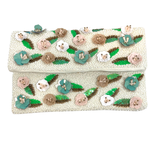 This little clutch has a white beaded background with sequined flowers of blue, pale pink, and beige with leaves of green and bronze. The back is white canvas, it has a flat over front, gold chain strap and measures 24cm x 15cm.