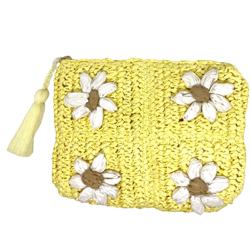 Measuring 23cm x 18cm this cute little clutch has a plain canvas back and a raffia front where four raffia daisies are embroidered. Zip entry and finished with a tassel.