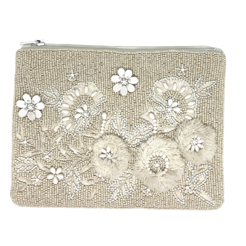 Measuring 23cm x 17cm this elegant cream beaded clutch also features cut-out leather flowers and fringing on the front. The back is plain cream canvas. It has zip entry.