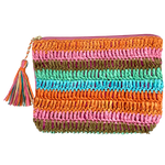 Measuring 23cm x 18cm this little clutch has stripes of knitted raffia in colours of pink, orange, aqua and blue. The back is pink canvas. It has a zip entry finished with a multi coloured raffia tassel.