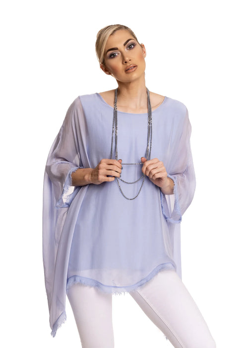 Such a stylish silk top with attached lining. Finished off with beautifully chic frayed edges. A timeless classic!  Material - 100% Silk  One Size FITS ALL  Colours -  Periwinkle  Made In Italy