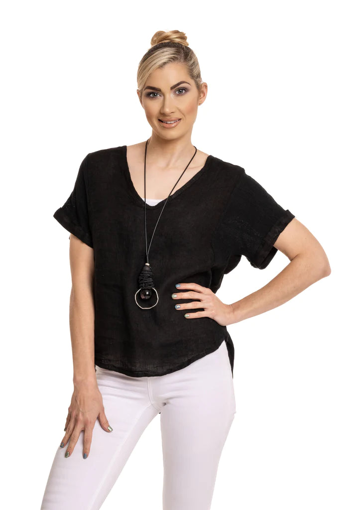 This is such a simple, stylish top. The London Top offers a V neck, cuffed short sleeves, round hemline (the back is slightly longer), open weave fabric on the sleeves and panel on the back and both sides of the front. There is a dart in the back which will create even more comfort. This is top, we're sure everyone will want.  Material - 50% Linen / 50% Cotton  Made In Italy