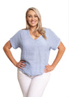 This is such a simple, stylish top. The London Top offers a V neck, cuffed short sleeves, round hemline (the back is slightly longer), open weave fabric on the sleeves and panel on the back and both sides of the front. There is a dart in the back which will create even more comfort. This is top, we're sure everyone will want.  Material - 50% Linen / 50% Cotton  Made In Italy