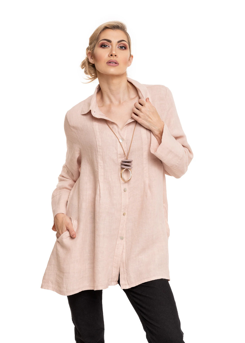 Lovely feminine button up long sleeved linen jacket.  With dainty pleats on the front, collared neck, hidden pockets in the side seams and cuffed sleeves. This jacket has it all.   Material - 100% Linen  Made In Italy