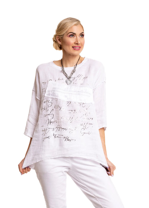 Made from lightweight linen and cotton, this top is completely washable and breathable to keep you cool all day. It features a subtle patch of silk on the front, some glitter stitching on the elbow length sleeves and silver writing scrawled tastefully over the front and a cute V cut out on the rear hemline.  Material - 100% Linen Front / Cotton Blend Back  Made In Italy