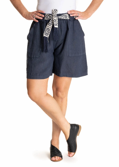You'll feel like you're on a summer holiday every time you put on these stylish linen shorts. Elasticated waist, large front pockets and an Aztec style belt with tassel ends (that can easily be removed if required) to be tied in a bow to secure.    Material - 100% Linen  Made In Italy