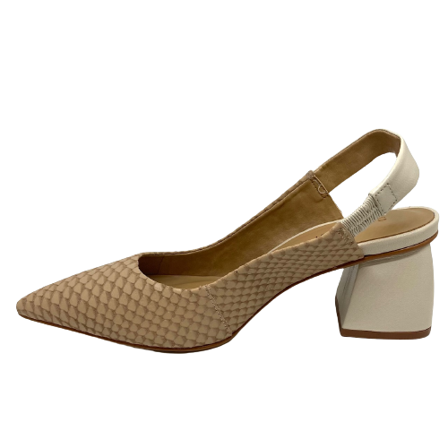 Classic but with a twist these gorgeous sling backs are perfect for a special occasion, the office or  with your favourite pants or jeans. The combination of colours and leather textures work extremely well together. Available in black snake and taupe snake. Heel 6.5cm.