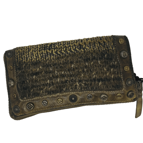 Interesting texture and use of knitted strips of leather as well as plain leather. Studs also add interest. Zip closure with plenty of room for cards, coins, notes and phone., Khaki.