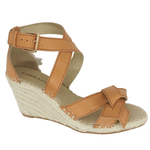 Espadrille wedges with tan strapping around toes and ankle. Buckle around ankle and knotted leather across toes.