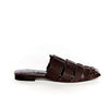 A soft leather snake printed leather flat mule. Colour chocolate.