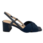 A great little retro inspired sandal with the heel and straps in navy leather and the front wide toe coverage in a heavy navy cotton. The little block heel measures 6cm in height.