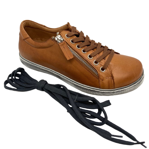 Tan leather sneakers with laces and zip