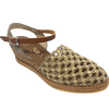 A Spanish espadrille in a two toned natural (slightly khaki) jute with a closed toe, a tan leather Y back and strap and a four tier (5cm) wedge.