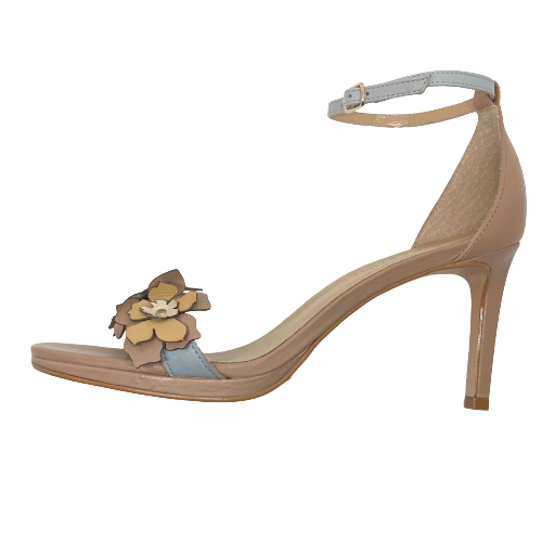 These elegant 8cm heels in nude and baby blue feature leather cut out to form flowers along the front strap and a narrow ankle strap. They also have a 1cm platform. Made in  Brazil.