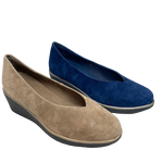 Here is a comfortable shoe suitable for everyday wear where comfort and style are also required. The V front and soft suede leather make this a good fit on a broad foot or a foot with a bunion. The platform wedge give the wearer stability and height.