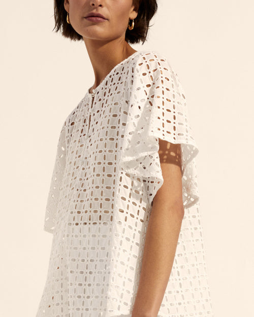 The Bask is delicate and modern, with an air of elegance. Geometric porcelain broderie is contrasted with feminine flutter sleeves and delicate covered buttons. Beautiful yet highly wearable, the Bask is sure to become your spring go-to. -100%cotton - white broderie anglaise cotton lace- elegant covered buttons-flattering flutter sleeve.