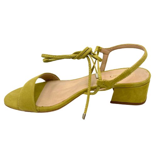 A low heeled sandal that's full of style and can be dressed up or down. The low square heel is 4.5cm. A thin leather tie at the base of the ankle can be tied in front or behind as you choose. Available in chartreuse suede or a soft pewter. Made in Brazil.