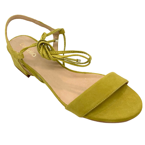 A low heeled sandal that's full of style and can be dressed up or down. The low square heel is 4.5cm. A thin leather tie at the base of the ankle can be tied in front or behind as you choose. Available in chartreuse suede or a soft pewter. Made in Brazil.