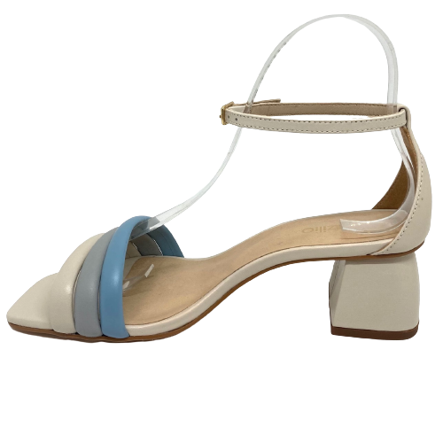A pretty little sandal with a nicely shaped block heel (5cm) in off white with an ankle strap, heel cup and three soft leather straps across the toes in three colours - off white, pale grey and pale blue.  Made in Brazil