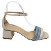 A pretty little sandal with a nicely shaped block heel (5cm) in off white with an ankle strap, heel cup and three soft leather straps across the toes in three colours - off white, pale grey and pale blue.  Made in Brazil