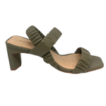 These stylish heels have a 7cm heel which, because of its rectangular shape, is great for wearing to outdoor occasions where walking on grassy areas is required. The ruched leather on the two straps over the foot and on the wide elastic at the heel make them comfortable and easy to wear. Available in khaki and soft orange.