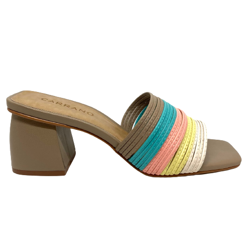 Gprgeous gelato colours in these multi strapped slides. A solid but shapely heel of 7cm offers comfort and makes wearing on a grassy or uneven surface a breeze.