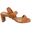 These stylish heels have a 7cm heel which, because of its rectangular shape, is great for wearing to outdoor occasions where walking on grassy areas is required. The ruched leather on the two straps over the foot and on the wide elastic at the heel make them comfortable and easy to wear. Available in khaki and soft orange.