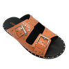 The gorgeous colour combination of "sunburn" and black is enhanced by the double pewter buckles and the studding on the upper straps as well as around the rand of the sole. This a a great statement slide for summer. A contoured sole makes for good support and comfort. Made in Brazil.