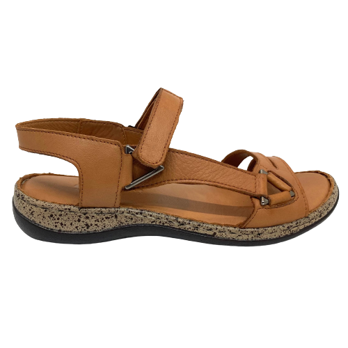 Super soft with a spongy foot bed, good supportive straps and velcro make this light weight little sandal from Cassini a must have for any one needing a basic, every day summer sandal. Colours available are tan and muted multi.  Leather upper and lining.