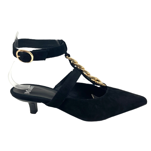 Black suede and with a kitten heel, this groovy little shoe can dress up pants or skirts and dresses effortlessly. The gold chain featured up the front of the foot and the ankle strap make this a special shoe for a special outfit. Heel height is 5cm.