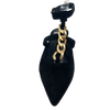 Black suede and with a kitten heel, this groovy little shoe can dress up pants or skirts and dresses effortlessly. The gold chain featured up the front of the foot and the ankle strap make this a special shoe for a special outfit. Heel height is 5cm.