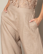 wide leg 3/4 length linen pants with elasticated rear waist band and pockets, caramello