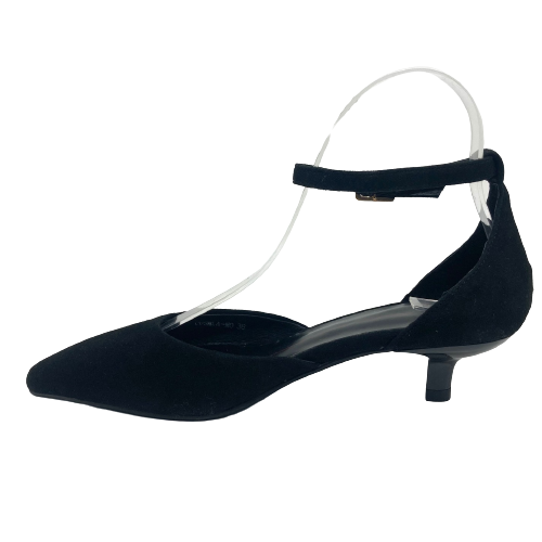A kitten heel is great for looking stylish and dressed without having to deal with height. These classic little black suede stunners have a closed pointed toe, a heel cup and a narrow ankle strap. Heel height  4cm.