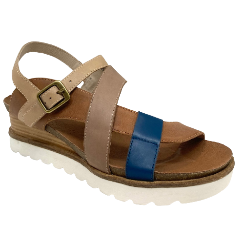A comfort sandal with style! This sandal comes in a great colour ways too. A combination of tan, navy and white is extremely versatile and at the same time interesting. The combination of ink and tan is also good and the fun combo of pink and yellow is great for summer. This sandals offers good foot support and under foot comfort.  Leather upper and lining.