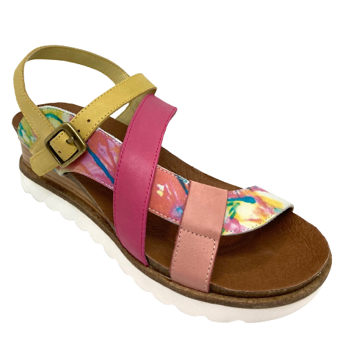 A comfort sandal with style! This sandal comes in a great colour ways too. A combination of tan, navy and white is extremely versatile and at the same time interesting. The combination of ink and tan is also good and the fun combo of pink and yellow is great for summer. This sandals offers good foot support and under foot comfort.  Leather upper and lining.