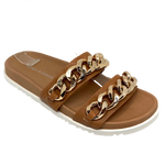 Django & Juliette have done another great little slide. The simplicity of these slide with just two soft leather straps is enhanced by the addition of a chunky gold chain on each of the straps. The moulded foot bed looks great and also offers comfort. Available in tan and white.  Leather upper and lining.