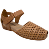 A flat, slightly wedged, comfort sandal with a heel cup, velcroed strap across the instep and a soft woven front with a small peep toe. Definitely designed for to keep feet happy. Great neutral tan leather.