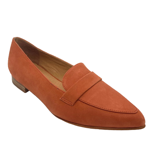 Soft nubuck loafer with pointed toe, low heel and available in two great colours of Spice and Dark Olive from EOS footwear.